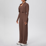 Cross-border solid color brushed tight-fitting tank top, wide-leg long pants, three-piece sports running fitness yoga outfit set