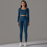 Cross-border European and American seamless knitted solid color jacquard low-cut tight-fitting long-sleeve yoga outfit sports fitness two-piece set