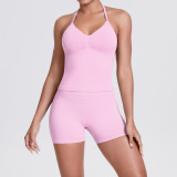 Cross-border seamless knitted solid color backless tank top and shorts yoga outfit set, tight-fitting running and fitness two-piece set