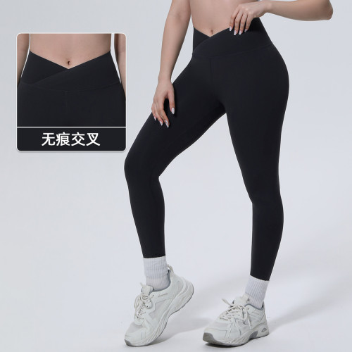 New cross-border European and American solid color double-sided nylon seamless cross-waist tight yoga pants for sports, running, and fitness