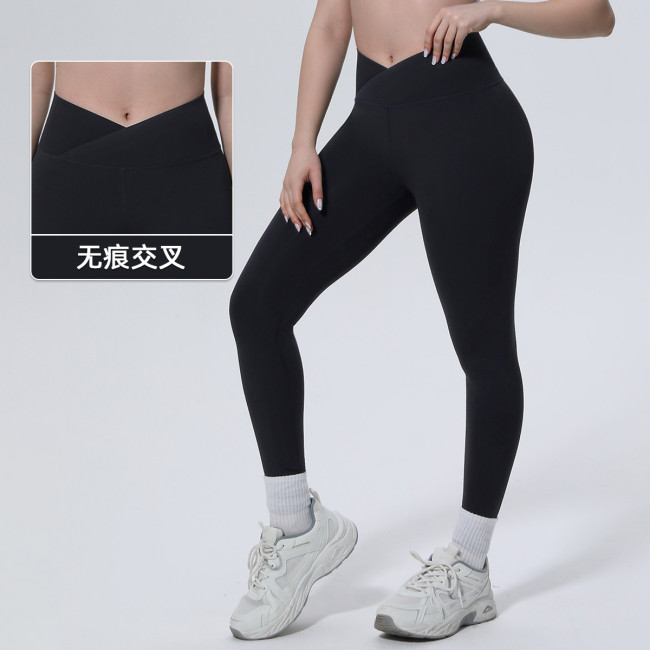 New cross-border European and American solid color double-sided nylon seamless cross-waist tight yoga pants for sports, running, and fitness