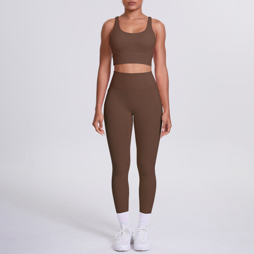 European and American cross-border seamless brushed fabric cross-back sports bra and butt-lifting pocket leggings two-piece fitness yoga outfit