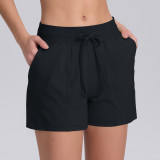New solid color drawstring pocket yoga training tight yoga shorts, high elasticity sports running fitness three-quarter pants for women