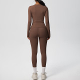 In-stock cross-border double-sided brushed solid color tight-fitting long-sleeve yoga outfit set for sports, running, and fitness two-piece set