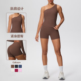 Cross-border double-sided brushed fabric seamless tight-fitting one-shoulder tank top and shorts sports set for running, fitness, and yoga two-piece outfit