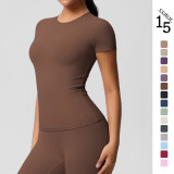 In-stock cross-border solid color double-sided brushed tight-fitting sports short-sleeve T-shirt for women, suitable for running, fitness, and yoga