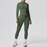 Cross-border seamless solid color tight-fitting high-elastic breathable zippered nine-point sports suit for running, fitness, and yoga two-piece set