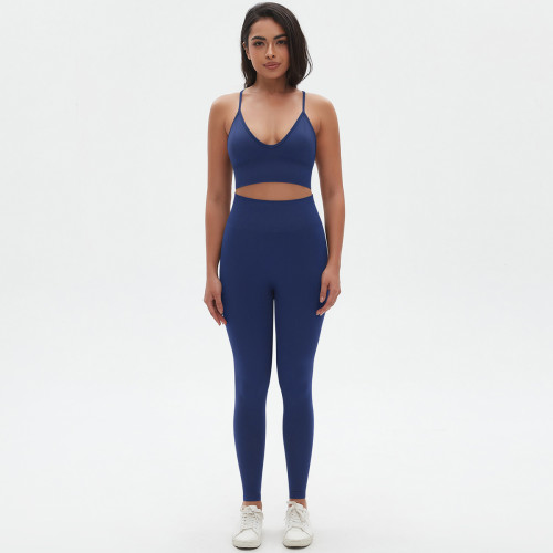 New cross-border seamless solid color tight-fitting sexy strap-back yoga outfit set for sports, running, and fitness two-piece set