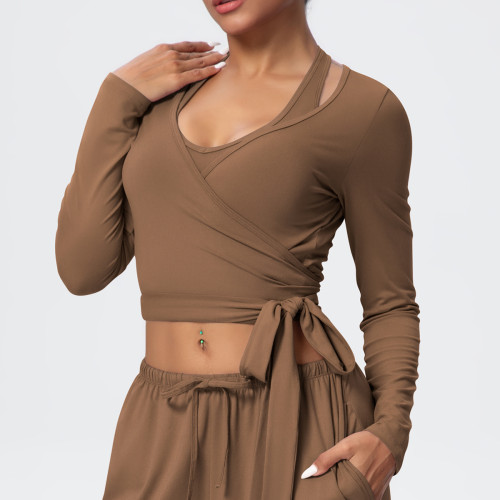 New cross-border solid color brushed quick-dry tight-fitting cross-strap V-neck long-sleeve sports running fitness yoga top for women