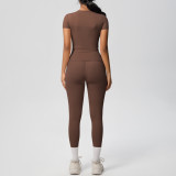 In-stock cross-border solid color double-sided brushed breathable tight-fitting fitness sports two-piece running and yoga outfit set