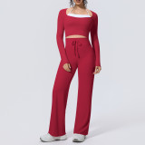 Cross-border solid color two-tone nude-feel tight-fitting high-elasticity faux two-piece yoga outfit set for women for sports, running, and fitness
