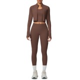Cross-border solid color brushed tight-fitting high-elastic breathable long tank top three-piece sports running fitness yoga outfit set
