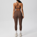 European and American cross-border yoga double-sided brushed vest with shockproof pocket pants, Pilates running fitness yoga two-piece set