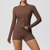 In-stock cross-border double-sided brushed solid color tight-fitting zip-up jacket yoga outfit sports running fitness set for women
