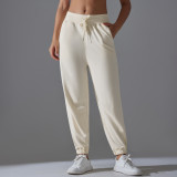 New drawstring solid color high-elasticity sports sweatpants, breathable loose yoga pants for training, running, and fitness, women's 7/8 length pants