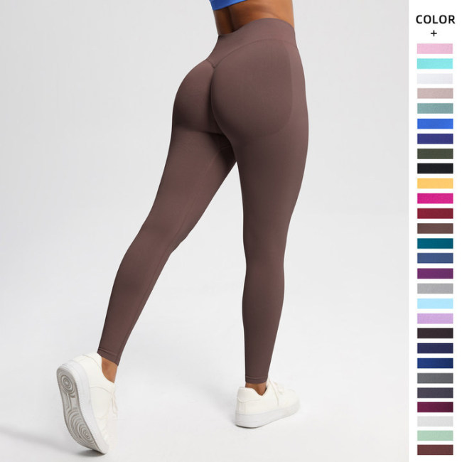 Cross-border European and American seamless solid color three-section waist butt-lifting high-waisted yoga pants for women for sports, running, and fitness