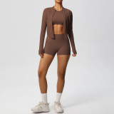 New cross-border solid color nude-feel brushed long-sleeve jacket tight-fitting three-piece sports running fitness yoga outfit set
