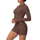 In-stock cross-border solid color brushed fabric nude-feel short jacket set with tight-fitting pocket shorts, two-piece fitness yoga outfit