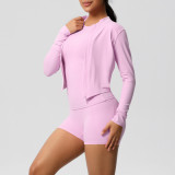European and American cross-border cloud-feel brushed sports zip-up jacket, casual running butt-lifting pocket shorts, yoga outfit three-piece set