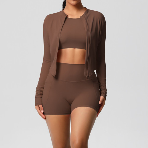 Cross-border cloud-feel brushed short-sleeve sports zip-up jacket, pocket shorts, butt-lifting fitness yoga outfit three-piece set