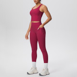 New cross-border double-sided brushed solid color breathable pocket long yoga outfit set for sports, running, and fitness two-piece set
