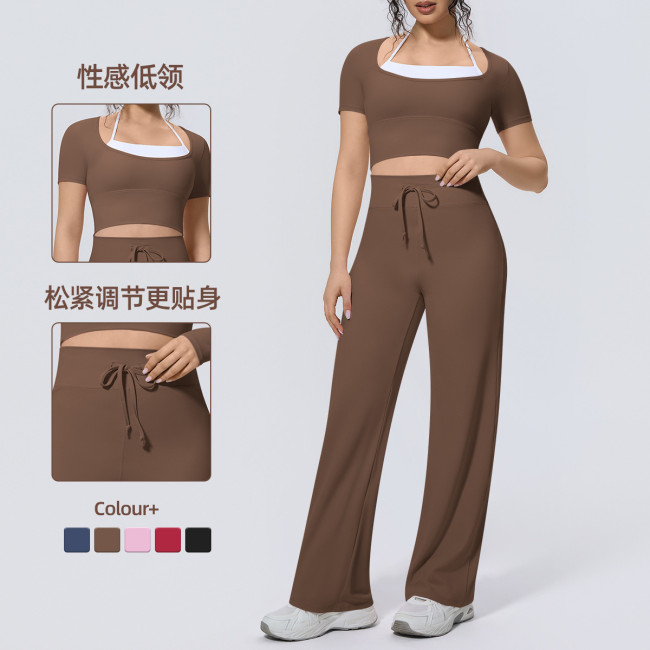 Cross-border solid color two-tone nude-feel high-elasticity faux two-piece yoga outfit set for women, suitable for sports, running, and fitness, short-sleeved two-piece set