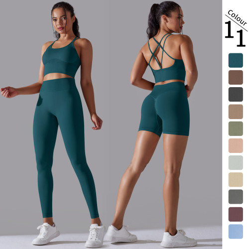 Cross-border European and American seamless knitted solid color high-elastic tight-fitting yoga outfit set, two-piece running and fitness wear for women
