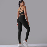 Cross-border European and American seamless knitted solid color high-elastic tight-fitting yoga outfit set, two-piece running and fitness wear for women