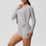 European and American cross-border cloud-feel brushed sports zip-up jacket, casual running butt-lifting pocket shorts, yoga outfit three-piece set