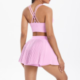 Cross-border European and American solid color tight-fitting brushed fabric cross-back short skirt two-piece set for running, fitness, training, and yoga