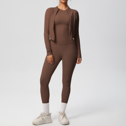 In-stock cross-border double-sided brushed fabric, skin-friendly, breathable, tight-fitting three-piece sports running fitness yoga set for women