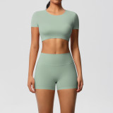 In-stock cross-border solid color double-sided brushed yoga outfit with chest support, running sports fitness short two-piece set for women