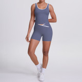 New cross-border double-sided brushed contrasting color tight-fitting breathable cross-over yoga outfit set for sports, running, and fitness two-piece set