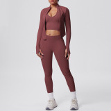 Cross-border seamless solid color tight-fitting breathable high-elasticity yoga outfit set for sports, running, and fitness, three-piece yoga set