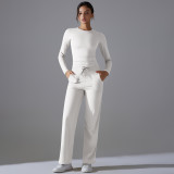 Cross-border double-sided nylon solid color long-sleeve yoga outfit set, high-waisted wide-leg sports running fitness two-piece set