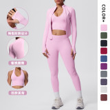 Cross-border seamless solid color tight-fitting breathable high-elasticity yoga outfit set for sports, running, and fitness, three-piece yoga set