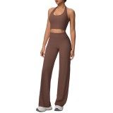 New cross-border solid color double-sided brushed fabric halter neck wide-leg pants yoga outfit set for women, suitable for sports, running, and fitness