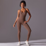 New European and American style tight-fitting solid color one-piece jumpsuit, seamless breathable long yoga jumpsuit with beautiful back design