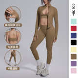 New cross-border seamless solid color tight-fitting high-elastic breathable three-piece sports running fitness yoga outfit set