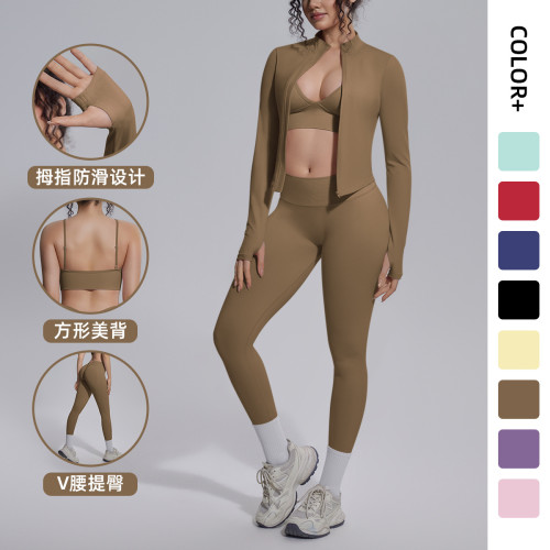 New cross-border seamless solid color tight-fitting high-elastic breathable three-piece sports running fitness yoga outfit set