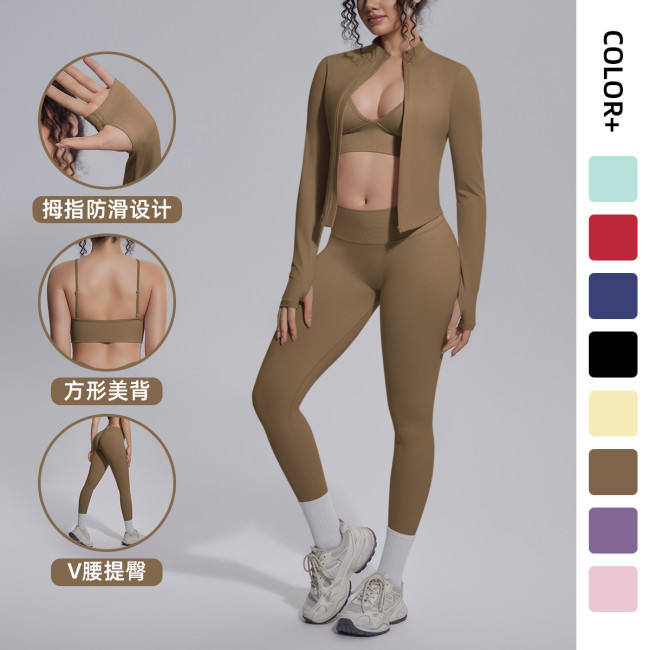 New cross-border seamless solid color tight-fitting high-elastic breathable three-piece sports running fitness yoga outfit set