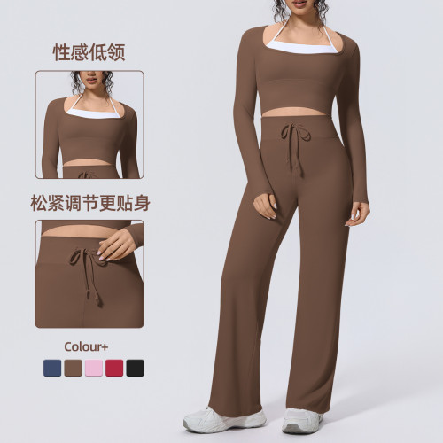Cross-border solid color two-tone nude-feel tight-fitting high-elasticity faux two-piece yoga outfit set for women for sports, running, and fitness