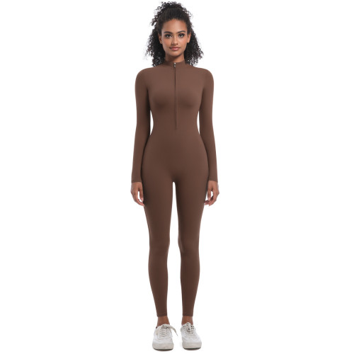 New cross-border European and American style half-zip tight-fitting solid color high-elastic long yoga jumpsuit for fitness and running