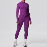 Cross-border seamless solid color tight-fitting high-elastic breathable zippered nine-point sports suit for running, fitness, and yoga two-piece set