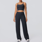 New cross-border brushed solid color backless tight-fitting breathable wide-leg yoga outfit set for sports, running, and fitness two-piece set