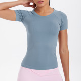 Cross-border European and American seamless knitted solid color breathable tight-fitting short-sleeve T-shirt for sports, running, fitness, and yoga for women