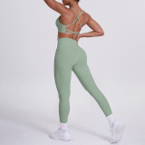 Cross-border double-sided nylon tight-fitting cross-back sports yoga outfit with pockets, two-piece set for running and fitness