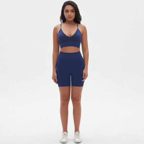 Cross-border seamless knitted solid color high-elastic tight-fitting sexy yoga outfit set with camisole and beautiful back design for running and fitness two-piece set