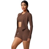 New European and American style naked-feel brushed long-sleeve sports jacket, casual pocket shorts, running butt-lifting yoga outfit three-piece set
