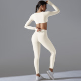 New solid color no-underwear required double-sided nylon long-sleeve sports yoga set, tight-fitting, high-elastic, antibacterial fitness yoga wear